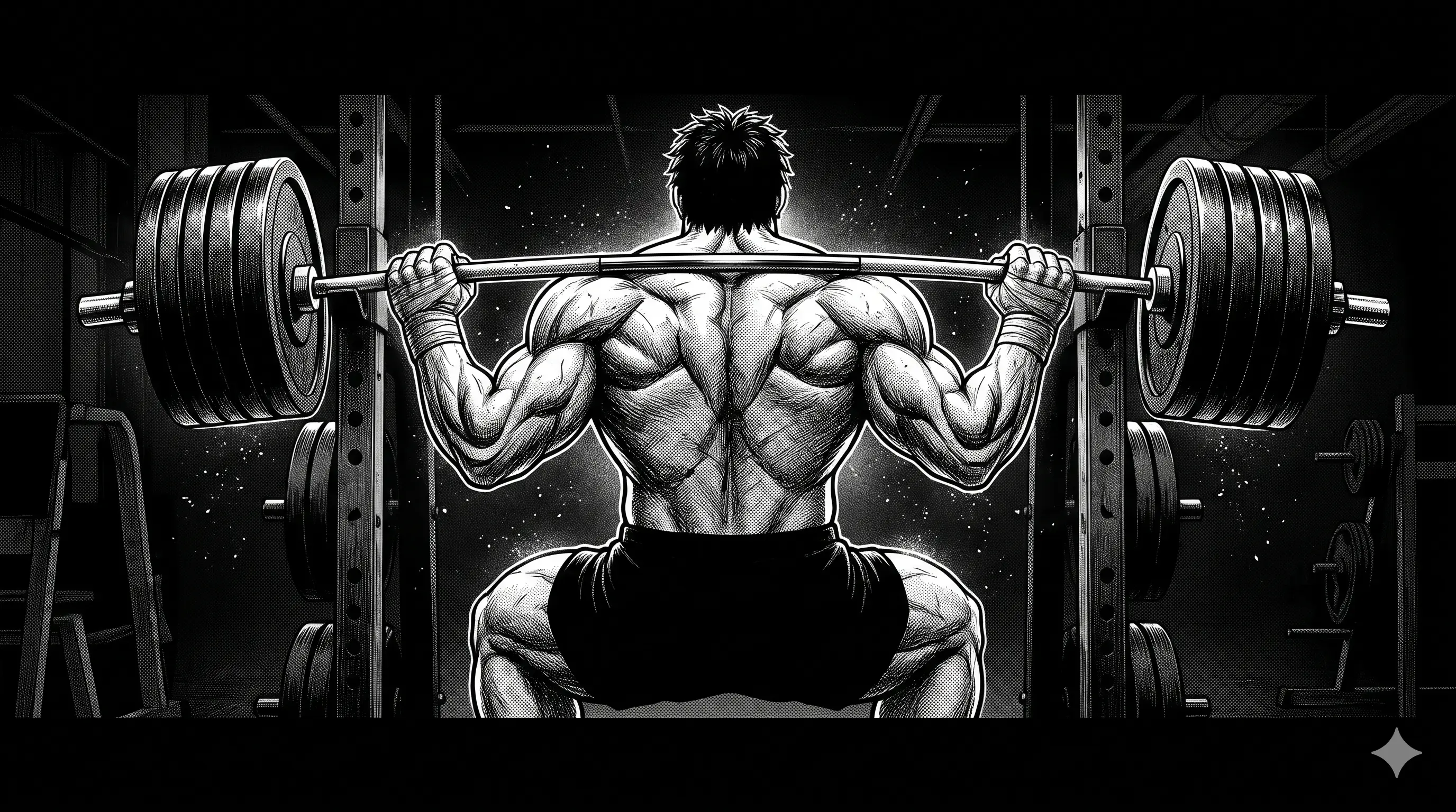 The Ryze mascot from behind, barbell across the shoulders